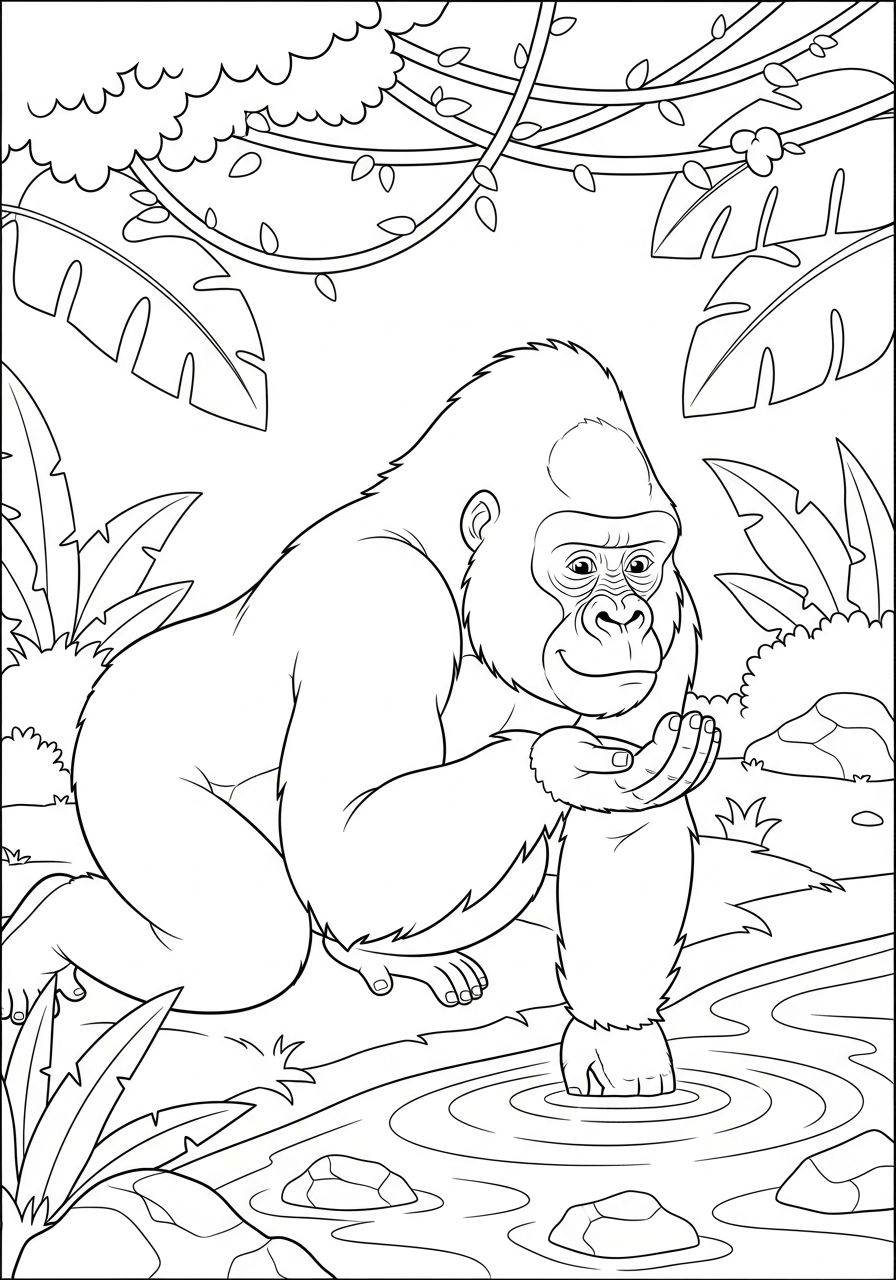 Gorilla Coloring Pages 12 Gorilla drinking water from stream coloring page