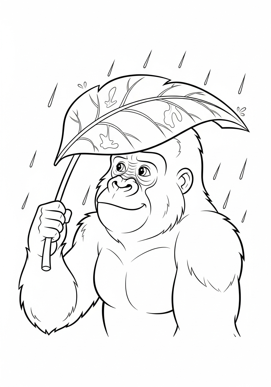 Gorilla Coloring Pages 13 Gorilla holding leaf umbrella coloring page