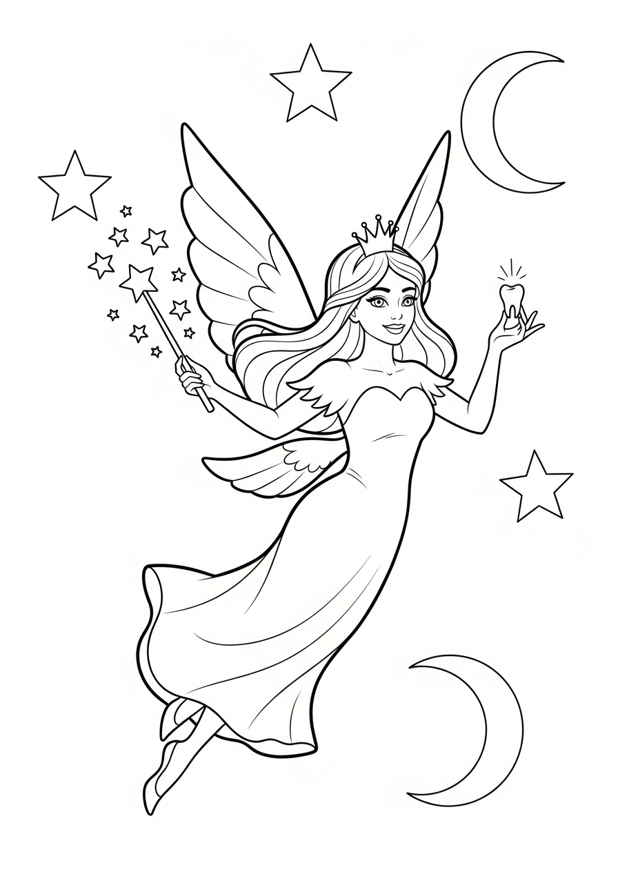 Tooth Fairy Coloring Pages 5 Graceful Tooth Fairy holding magic wand coloring page