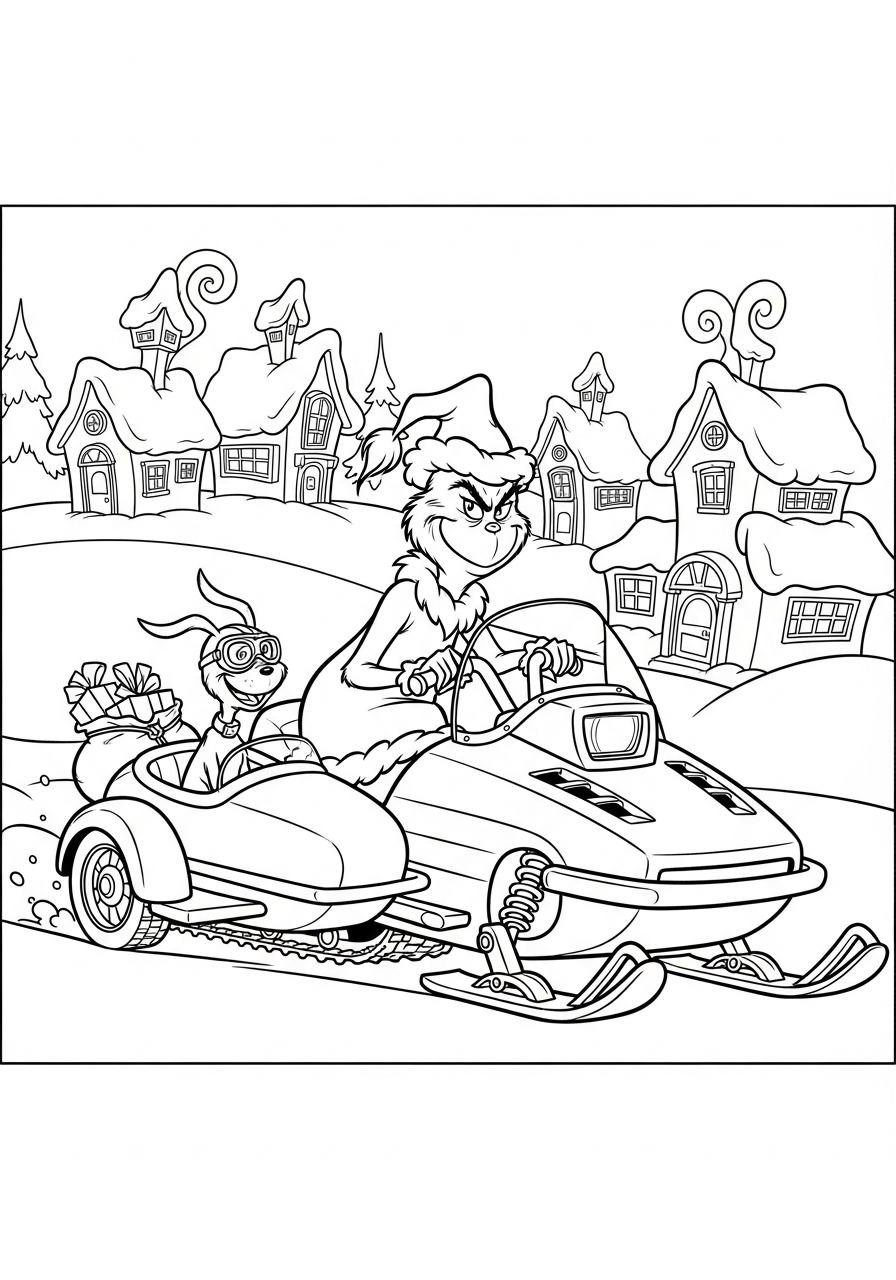 Grinch Coloring Pages 6 Grinch driving snowmobile with Max coloring page