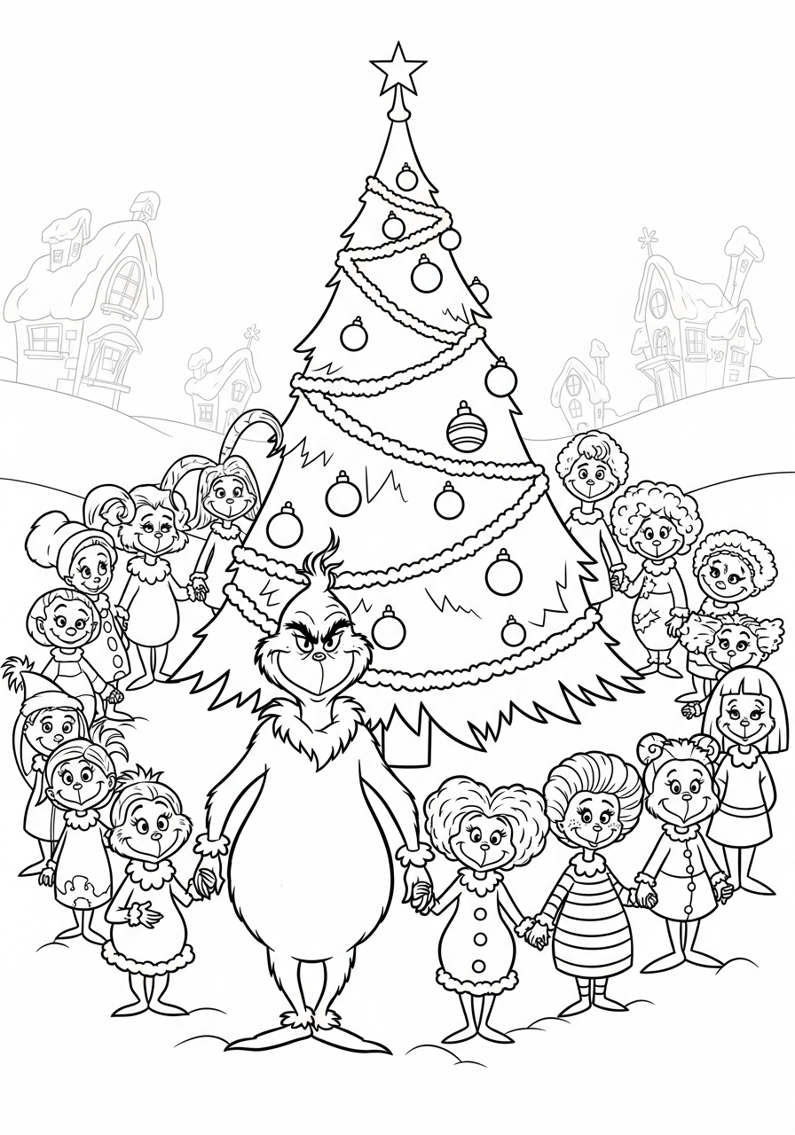 Grinch Coloring Pages 10 Grinch holding hands with Whos coloring page