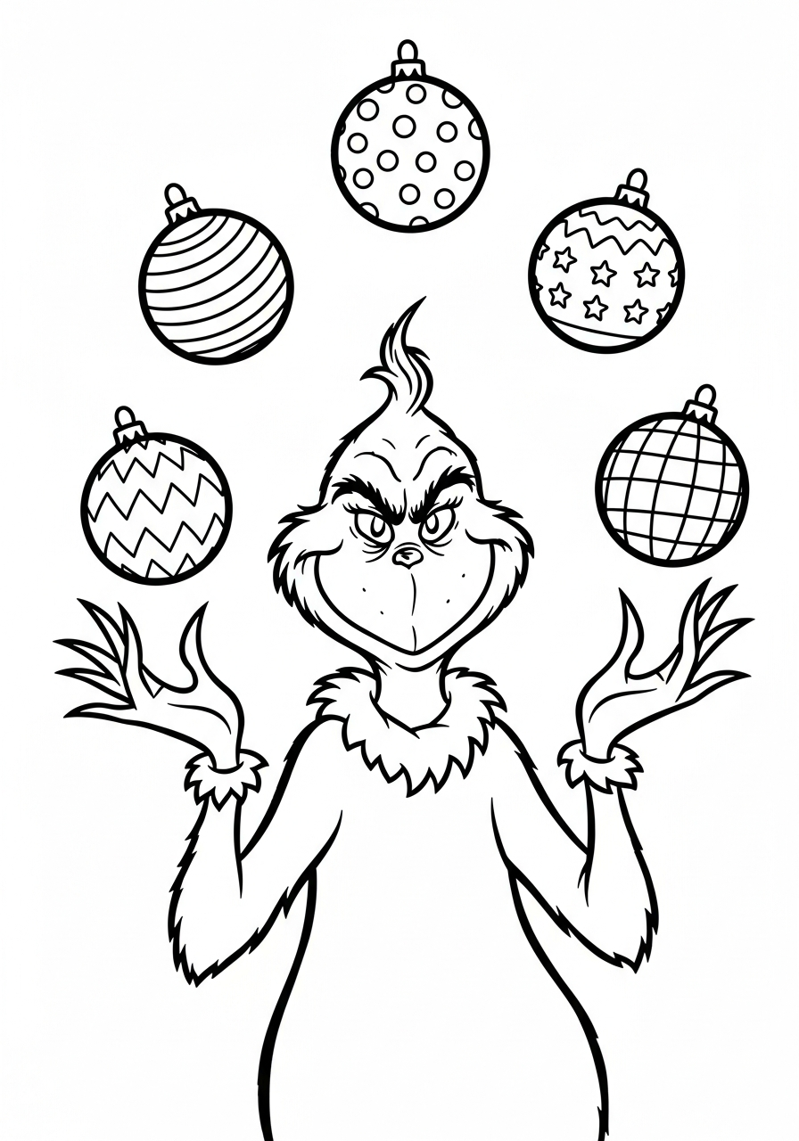 Grinch Coloring Pages 12 Grinch juggling Christmas ball ornaments coloring page