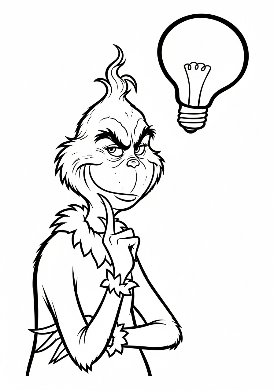 Grinch Coloring Pages 15 Grinch plotting with lightbulb idea coloring page