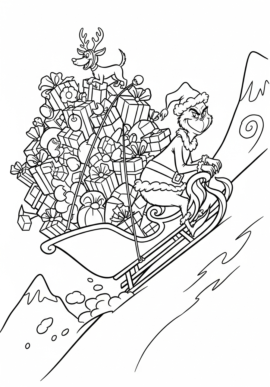 Grinch Coloring Pages 16 Grinch riding sleigh down mountain coloring page