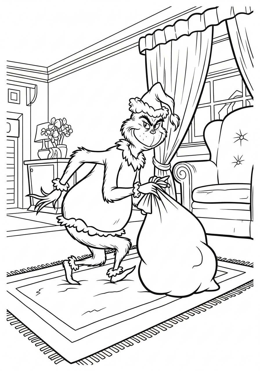 Grinch Coloring Pages 17 Grinch sneaking quietly with sack coloring page