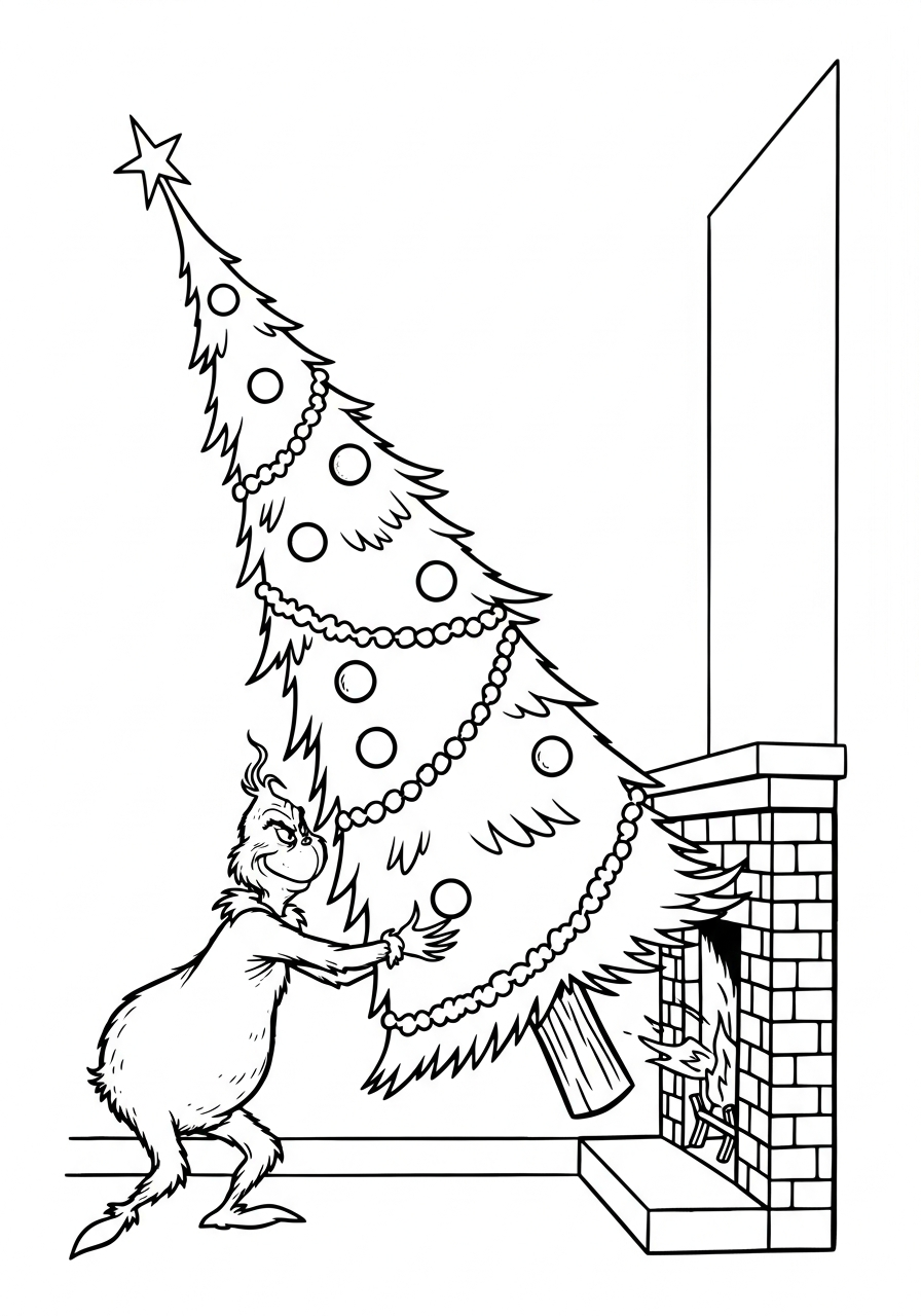 Grinch Coloring Pages 20 Grinch stuffing tree up fireplace coloring page