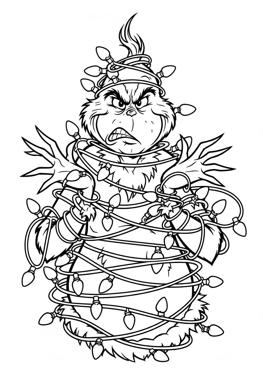 Grinch Coloring Pages 22 Grinch tangled in Christmas lights coloring page