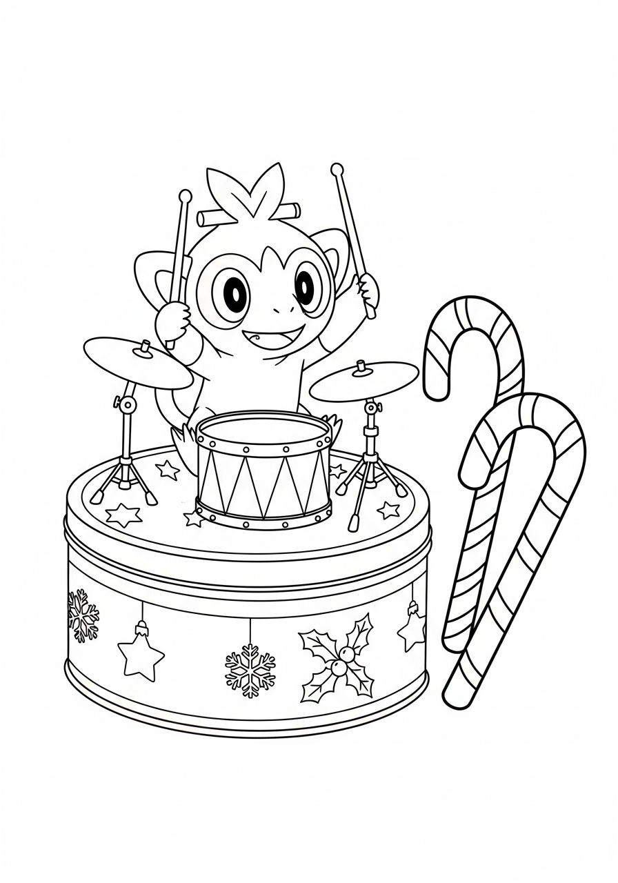 Pokemon Christmas Coloring Pages 10 Grookey playing candy cane drums coloring page