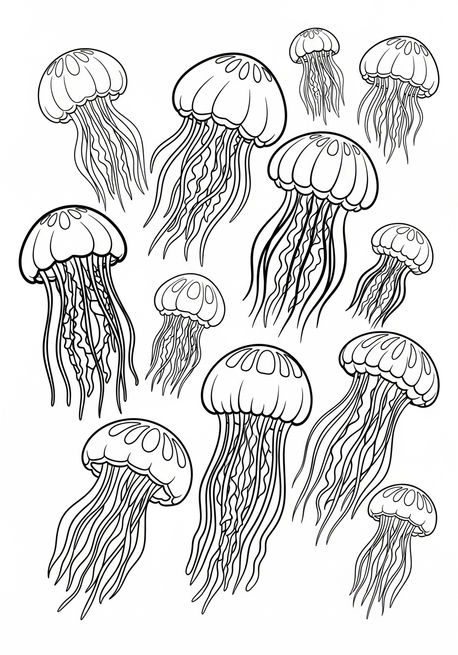 Jellyfish Coloring Pages 11 Group of swimming jellyfish coloring page