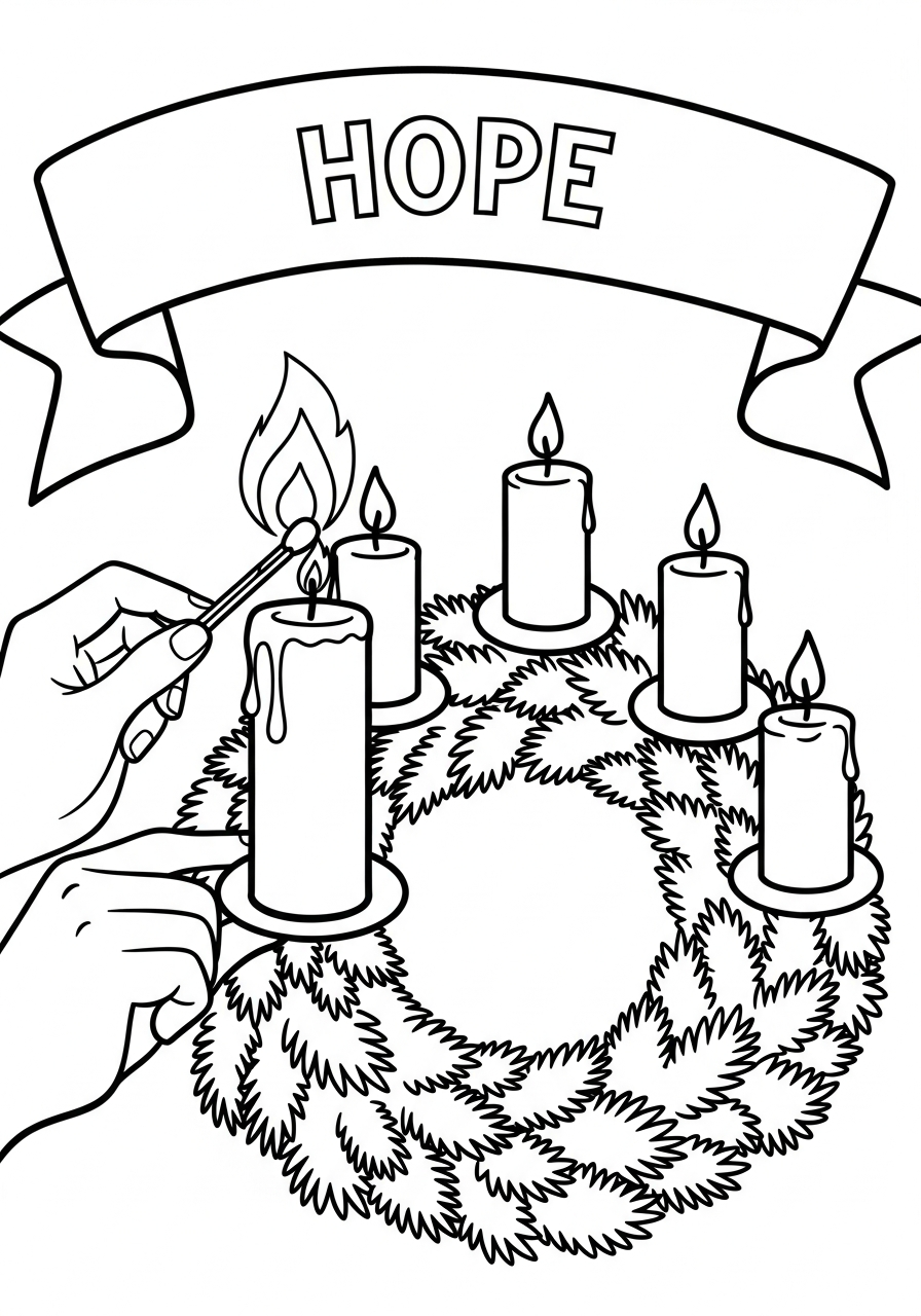 Advent Wreath Coloring Pages 13 Hands lighting first Advent Wreath coloring page