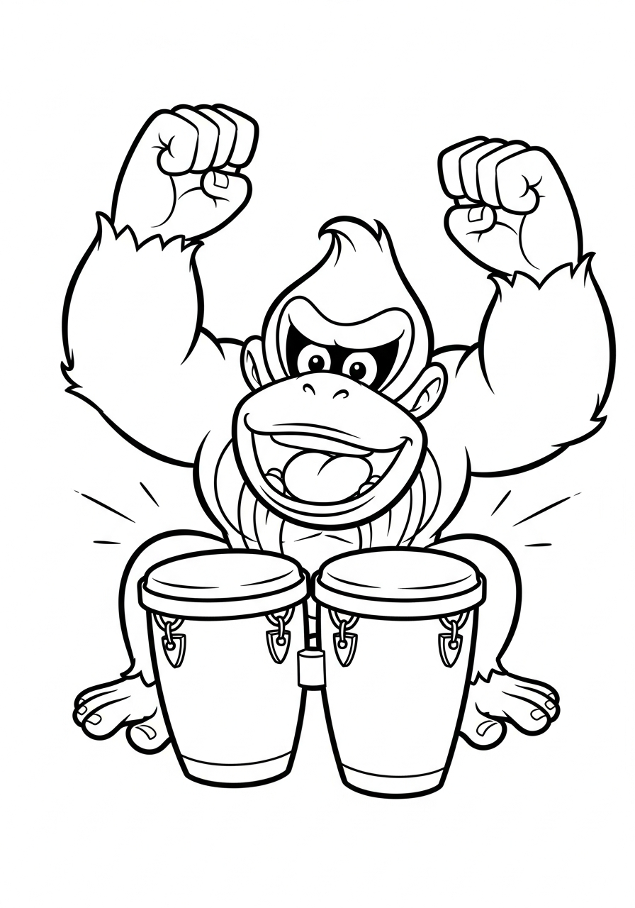 Donkey Kong Coloring Pages 31 Happy Donkey Kong playing bongo drums coloring page