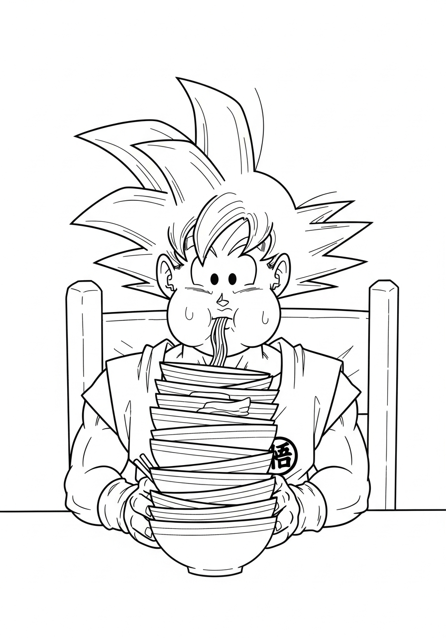 Goku Coloring Pages 19 Happy Goku eating ramen noodles coloring page