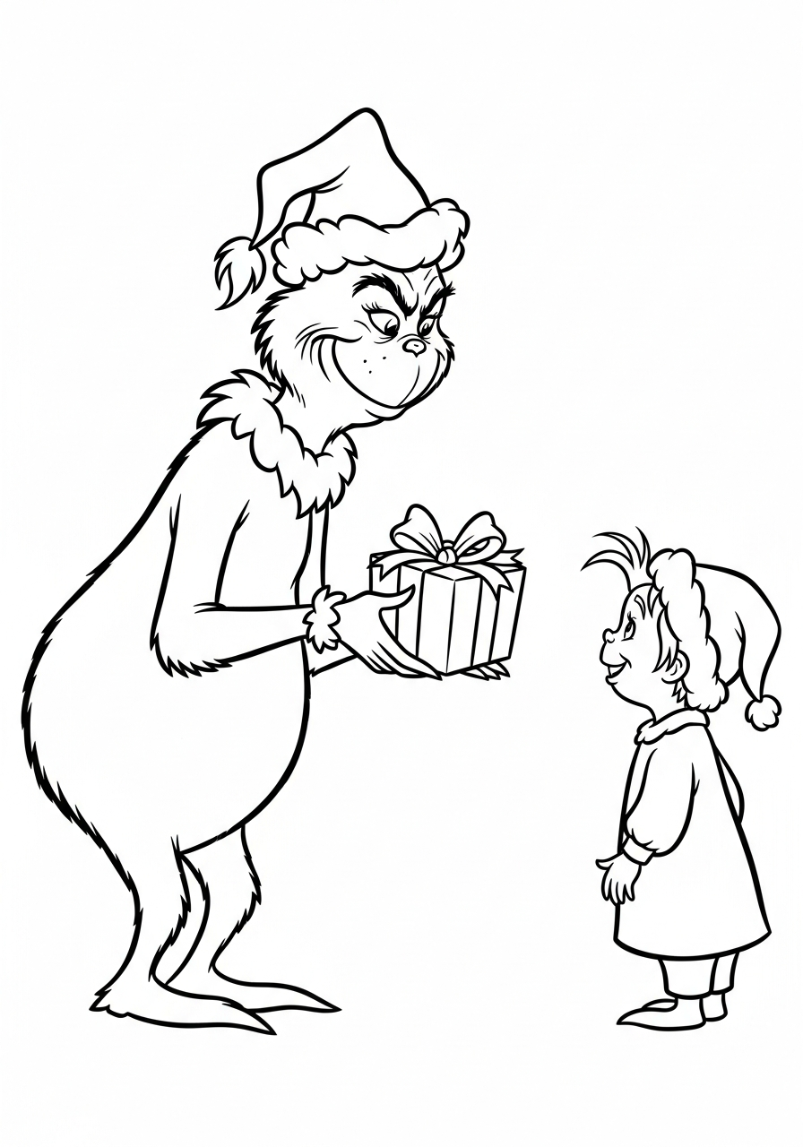 Grinch Coloring Pages 25 Happy Grinch returning Christmas gifts coloring page