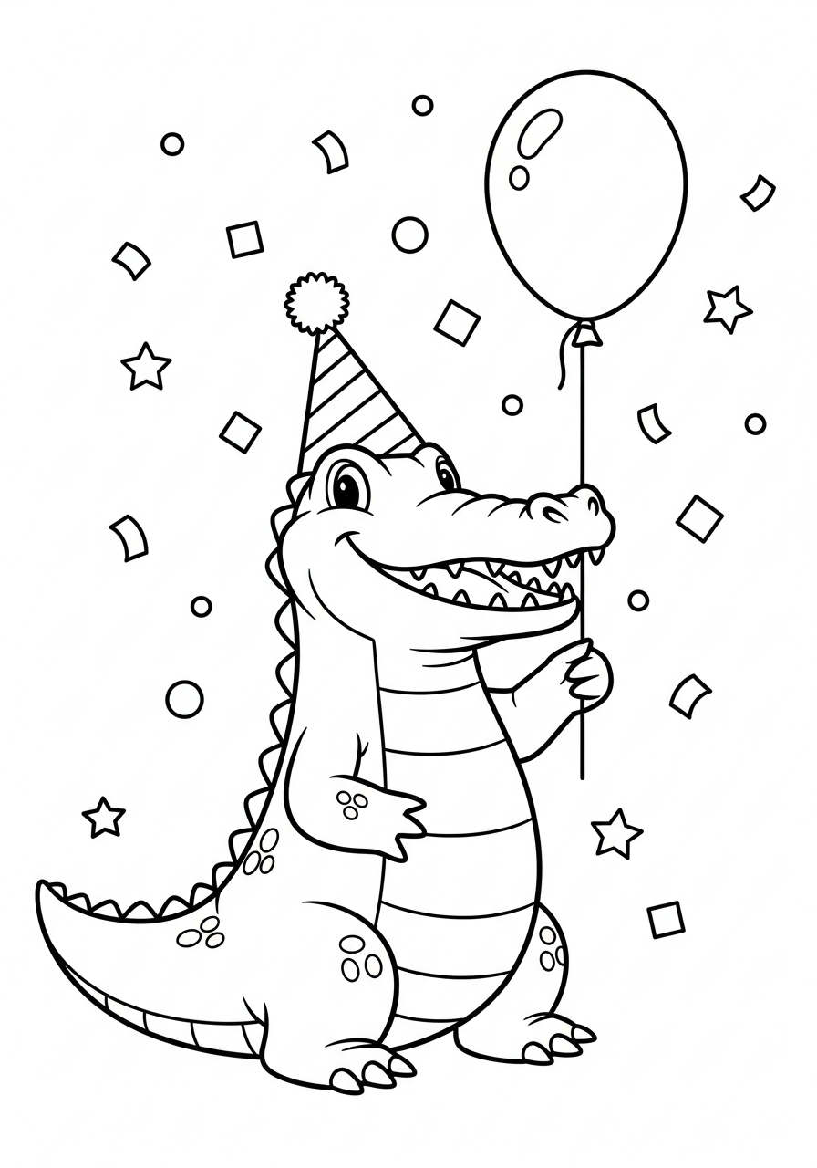 Alligator Coloring Pages 25 Happy birthday alligator with balloon coloring page