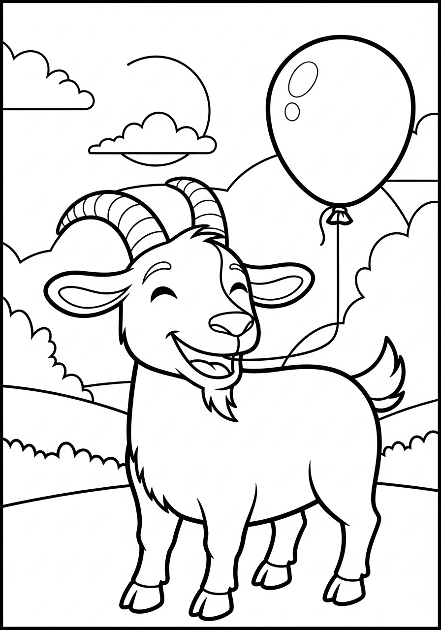 Happy cartoon goat with balloon coloring page