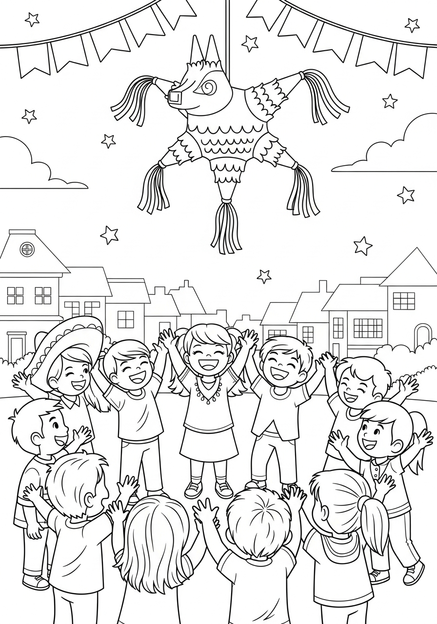 Las Posadas Coloring Pages 15 Happy children cheering for piñata coloring page