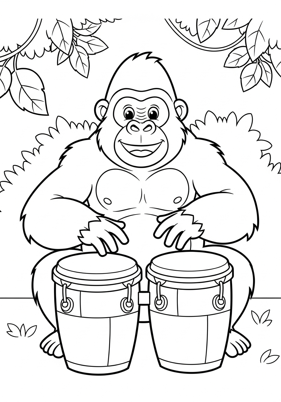 Gorilla Coloring Pages 16 Happy gorilla playing bongo drums coloring page
