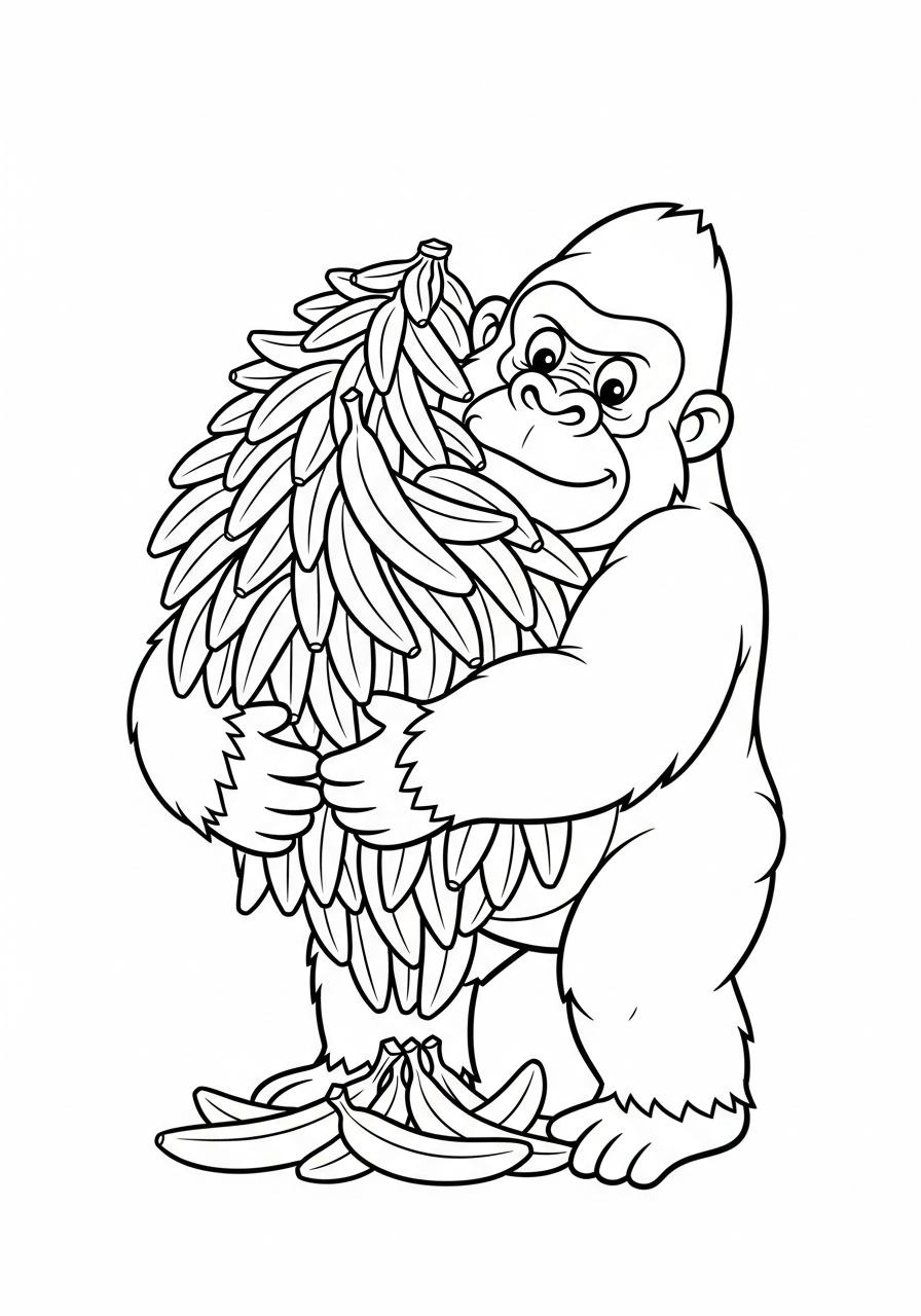 Gorilla Coloring Pages 17 Happy gorilla with banana pile coloring page
