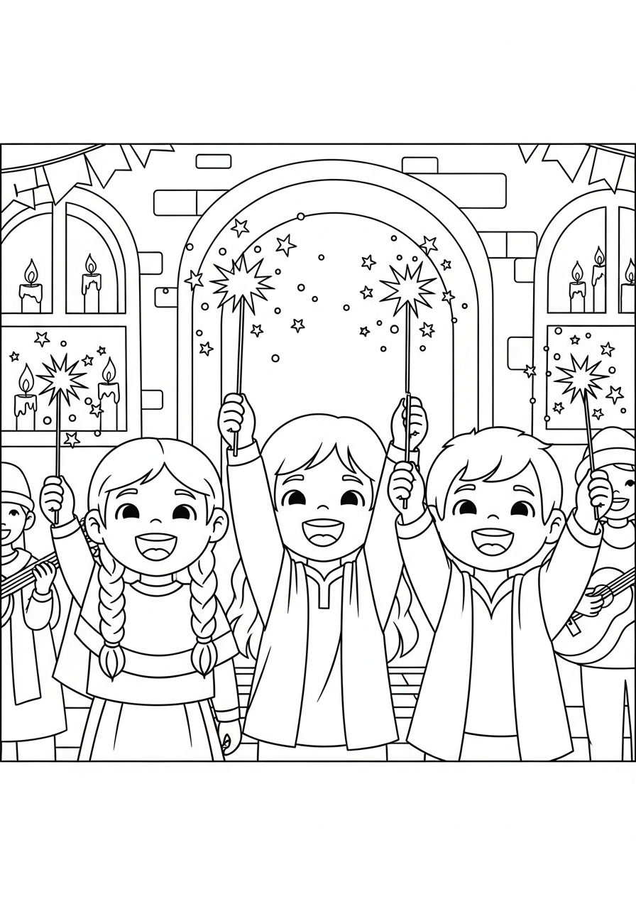 Las Posadas Coloring Pages 16 Happy kids holding festive sparklers coloring page