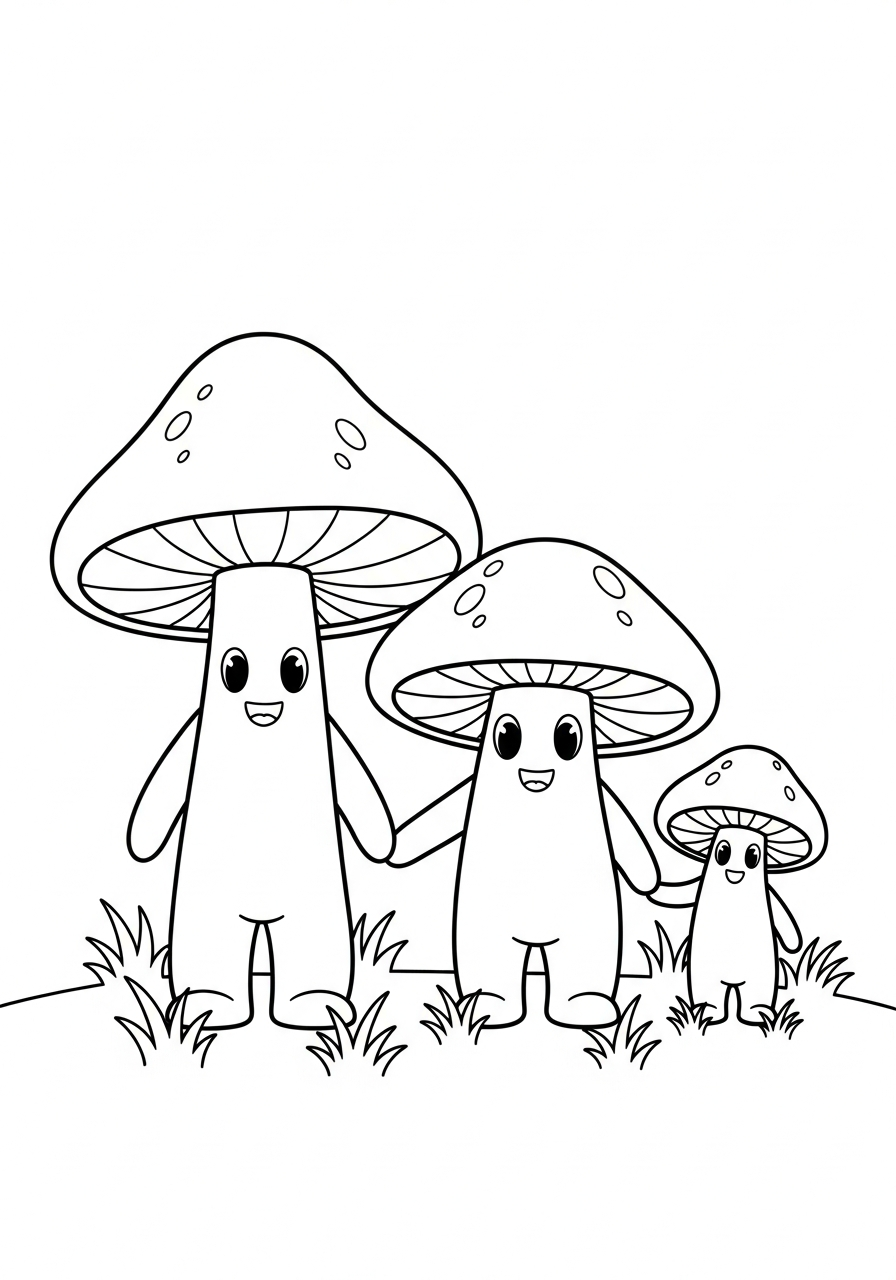 Mushroom Coloring Pages 19 Happy mushroom family holding hands coloring page