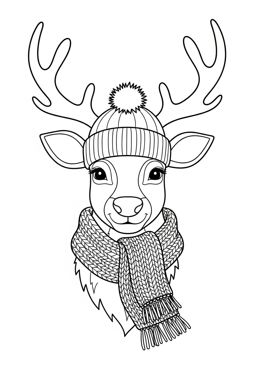 Reindeer Coloring Pages 9 Happy reindeer wearing winter scarf coloring page