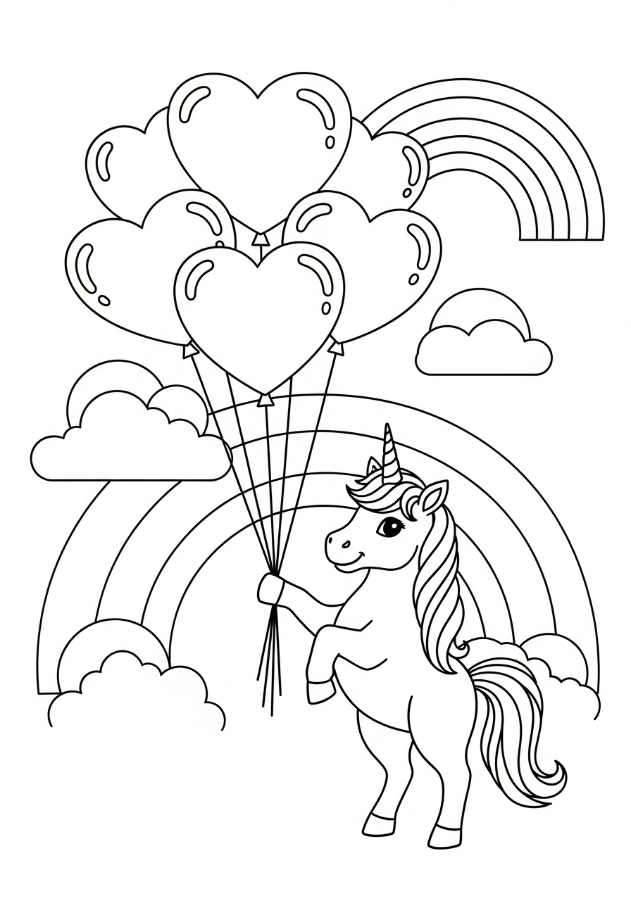 Unicorn Coloring Pages 11 Happy unicorn holding heart balloons coloring page