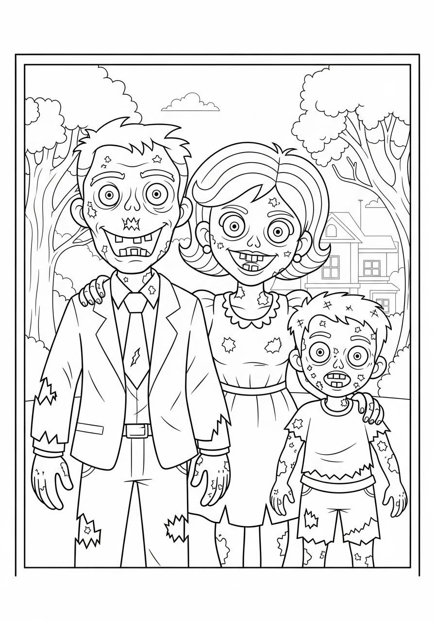 Zombie Coloring Pages 16 Happy zombie family portrait photo coloring page