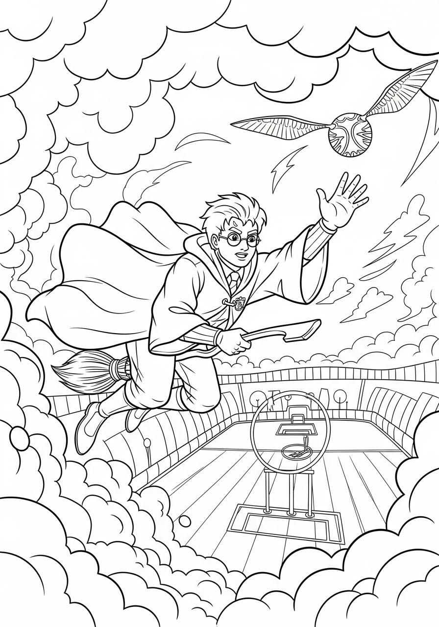 Harry Potter Coloring Pages 5 Harry Potter catching Snitch on broom coloring page