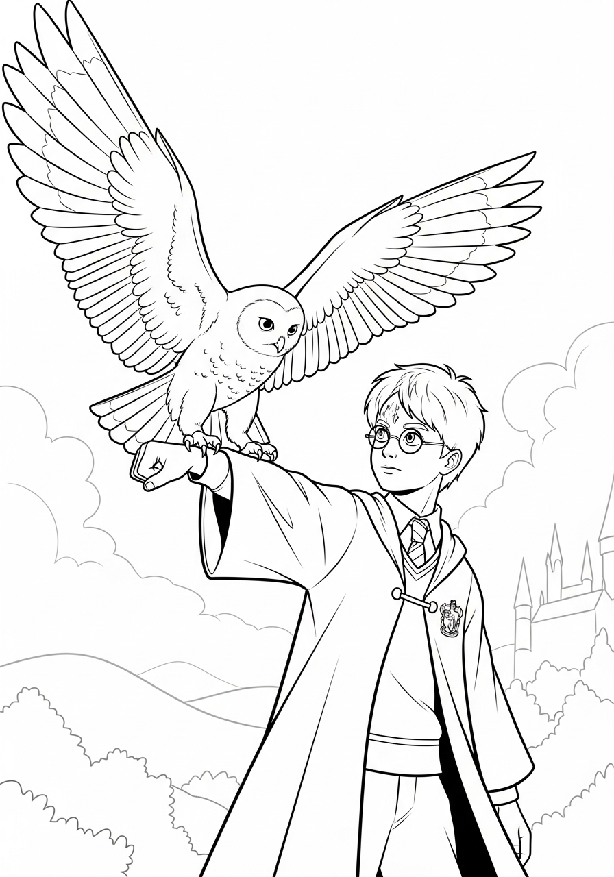 Harry Potter Coloring Pages 6 Harry Potter holding Hedwig the owl coloring page