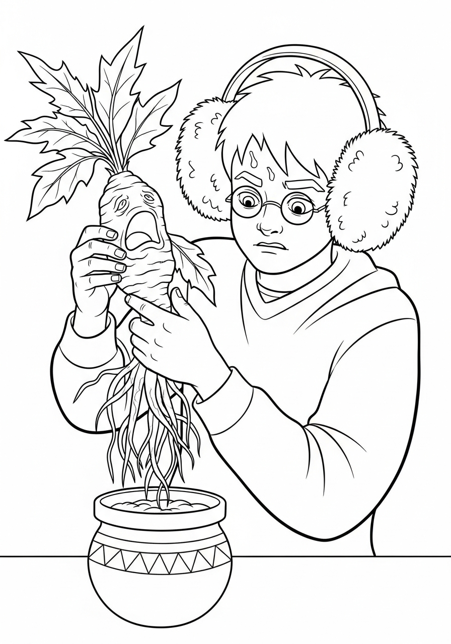 Harry Potter Coloring Pages 2 Harry holding crying Mandrake plant coloring page