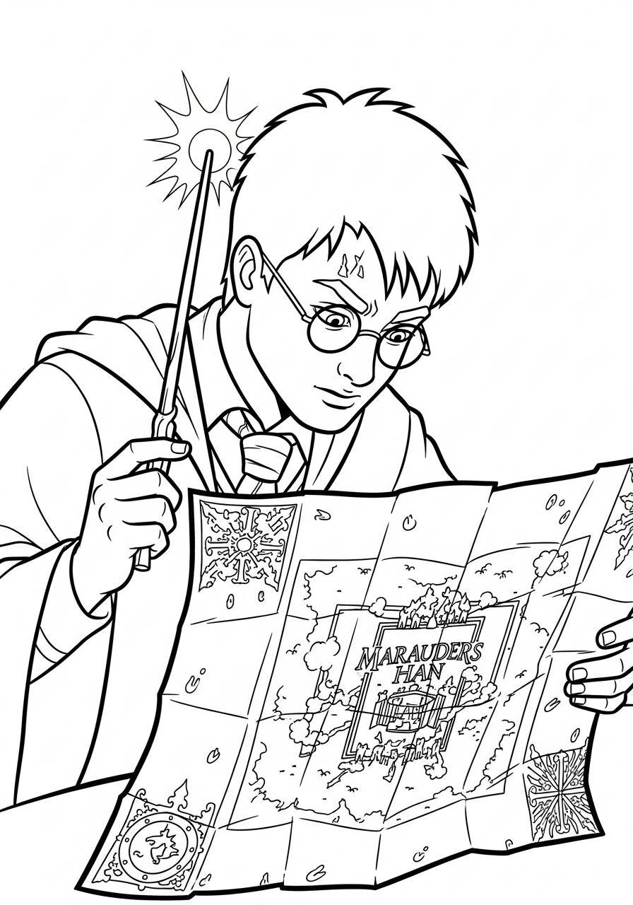 Harry Potter Coloring Pages 8 Harry reading the Marauder’s Map coloring page