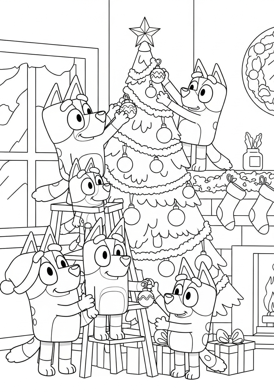 Bluey Christmas Coloring Pages 16 Heeler family decorating Christmas tree coloring page