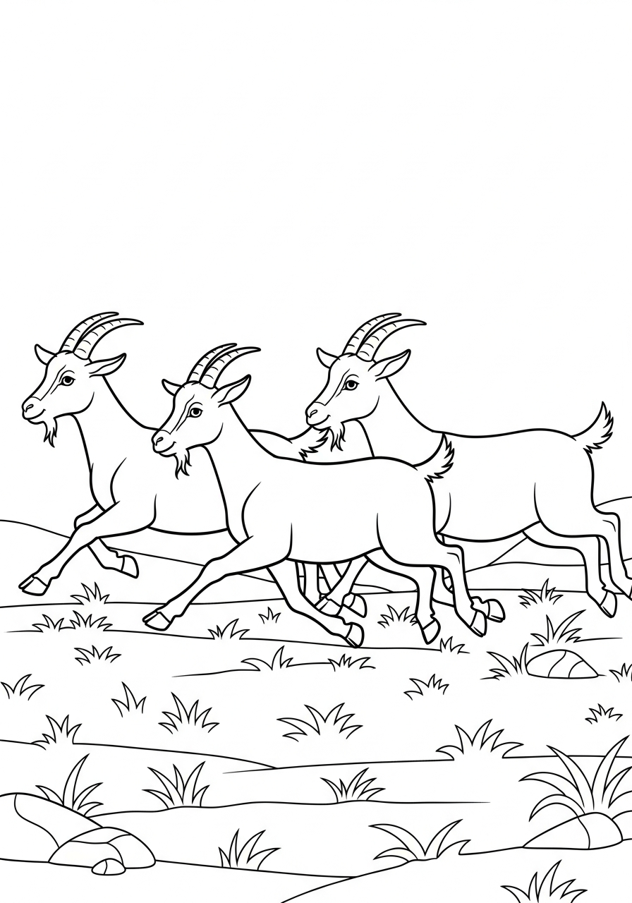 Herd of running goats meadow coloring page