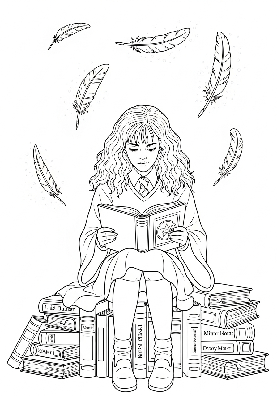 Harry Potter Coloring Pages 24 Hermione Granger reading magic book coloring page