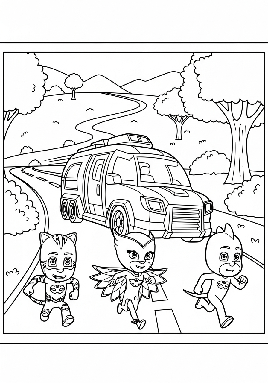 PJ Mask Coloring Pages 13 Heroes chasing Romeo mobile lab coloring page