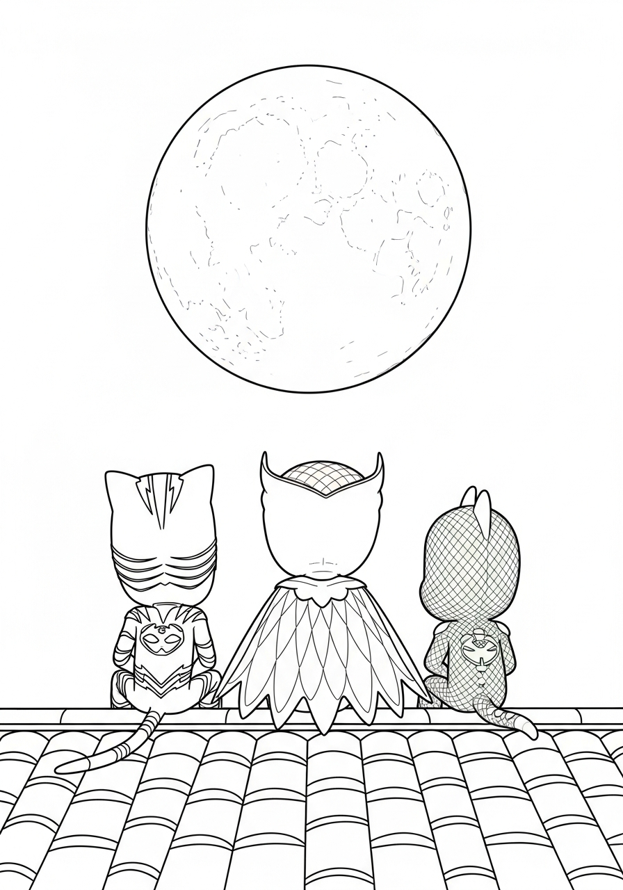 PJ Mask Coloring Pages 14 Heroes sitting on rooftop moon coloring page