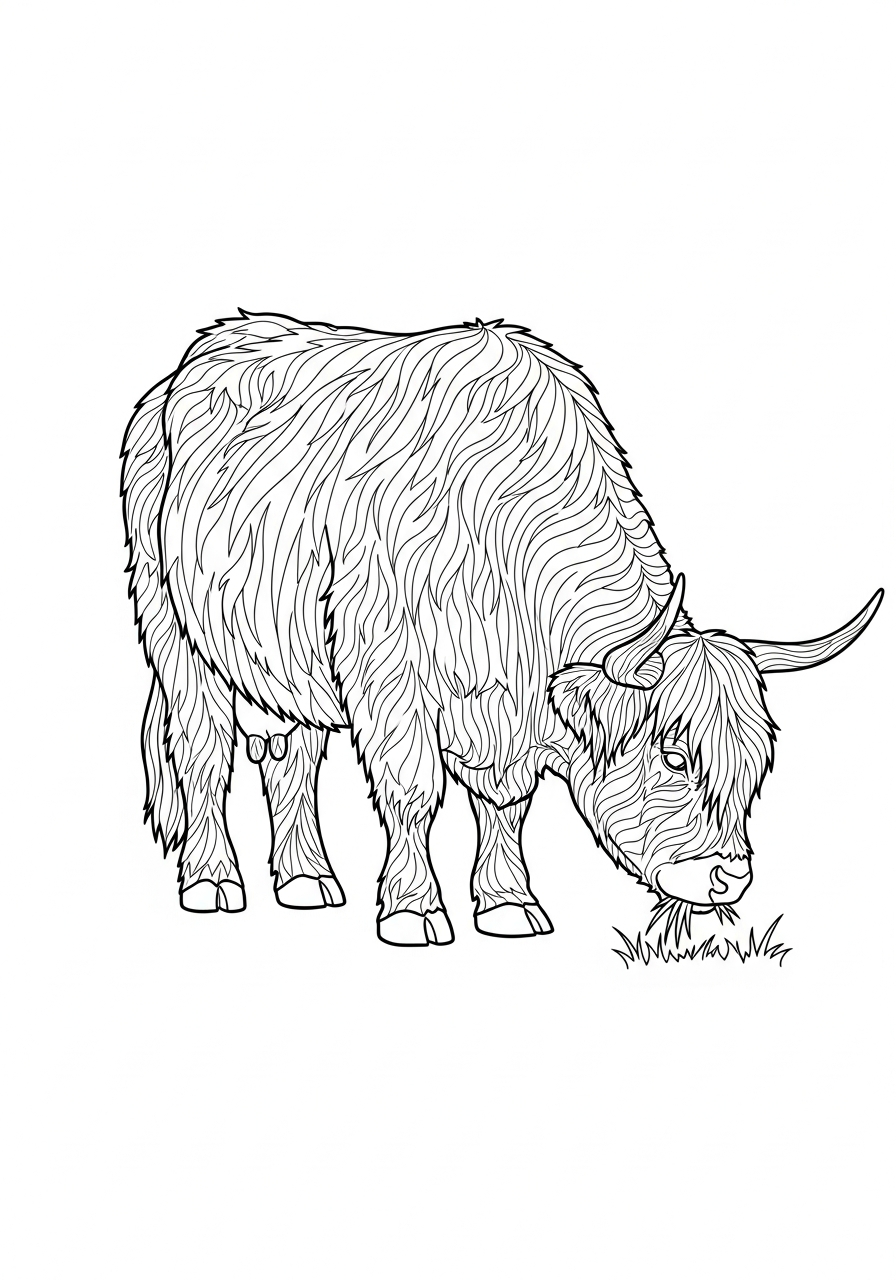 Highland Cow Coloring Pages 6 Highland cow grazing on grass coloring page