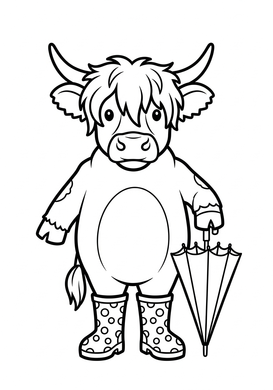 Highland Cow Coloring Pages 7 Highland cow holding an umbrella coloring page