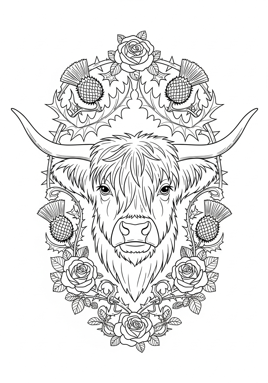 Highland Cow Coloring Pages 9 Highland cow in floral frame coloring page