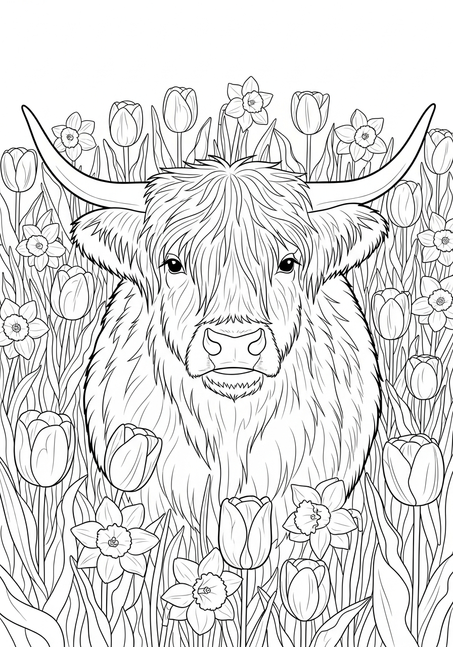Highland Cow Coloring Pages 10 Highland cow in flower field coloring page