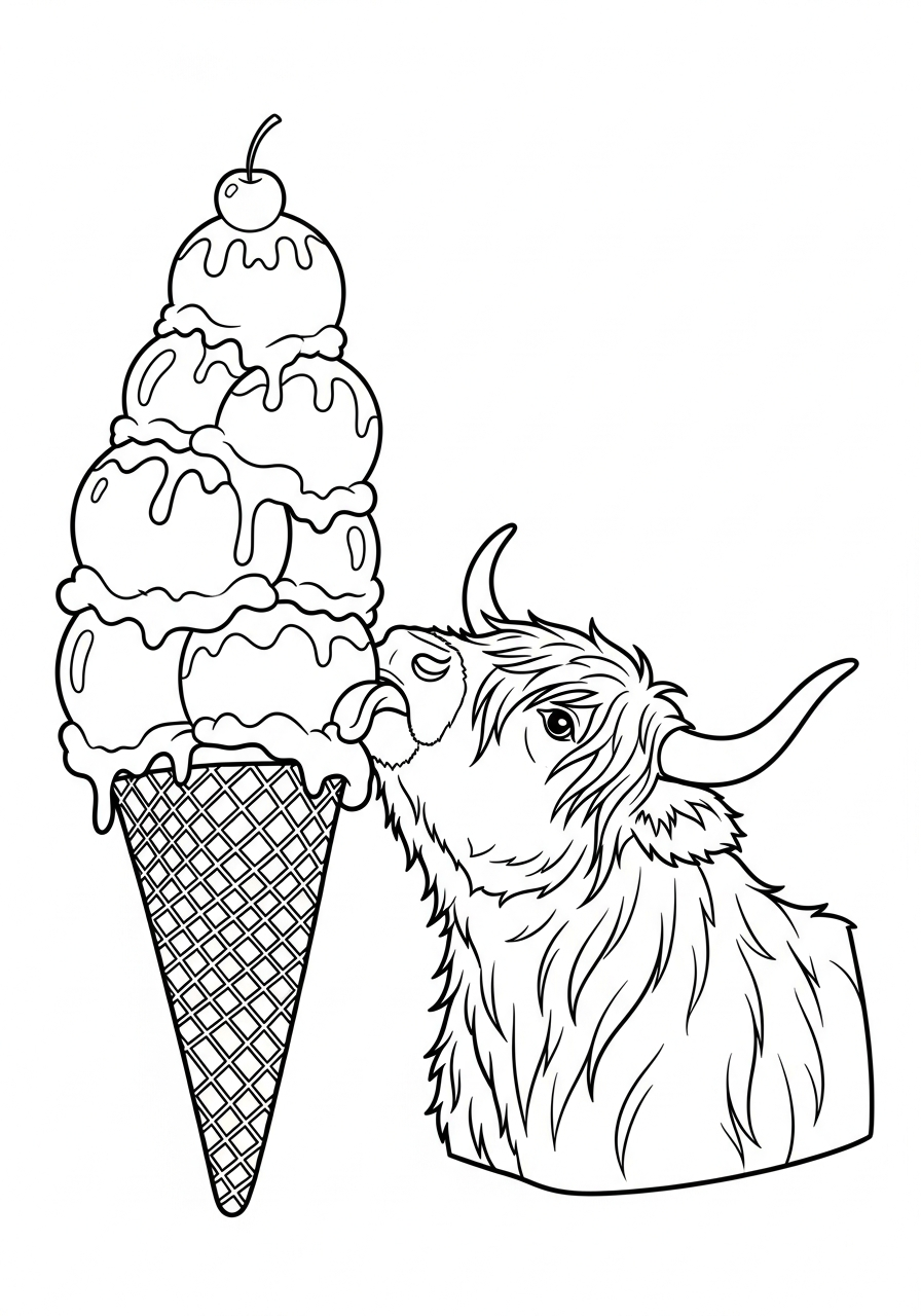 Highland Cow Coloring Pages 11 Highland cow licking ice cream coloring page