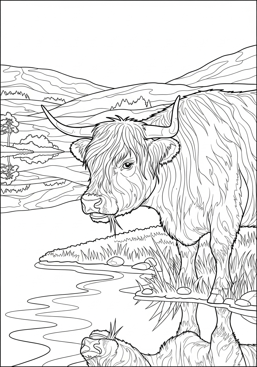Highland Cow Coloring Pages 13 Highland cow near Scottish lake coloring page