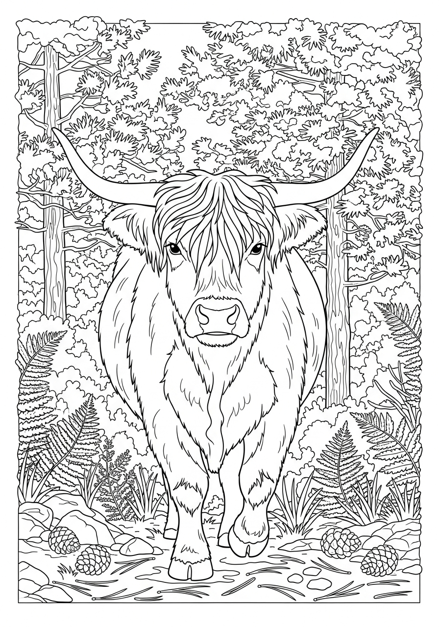 Highland Cow Coloring Pages 12 Highland cow near pine forest coloring page