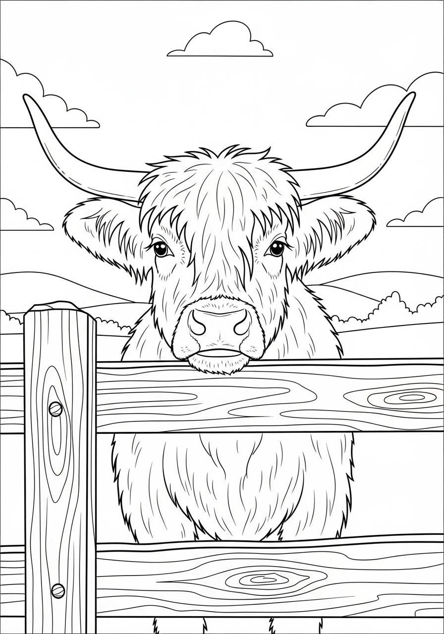 Highland Cow Coloring Pages 14 Highland cow peeking over fence coloring page