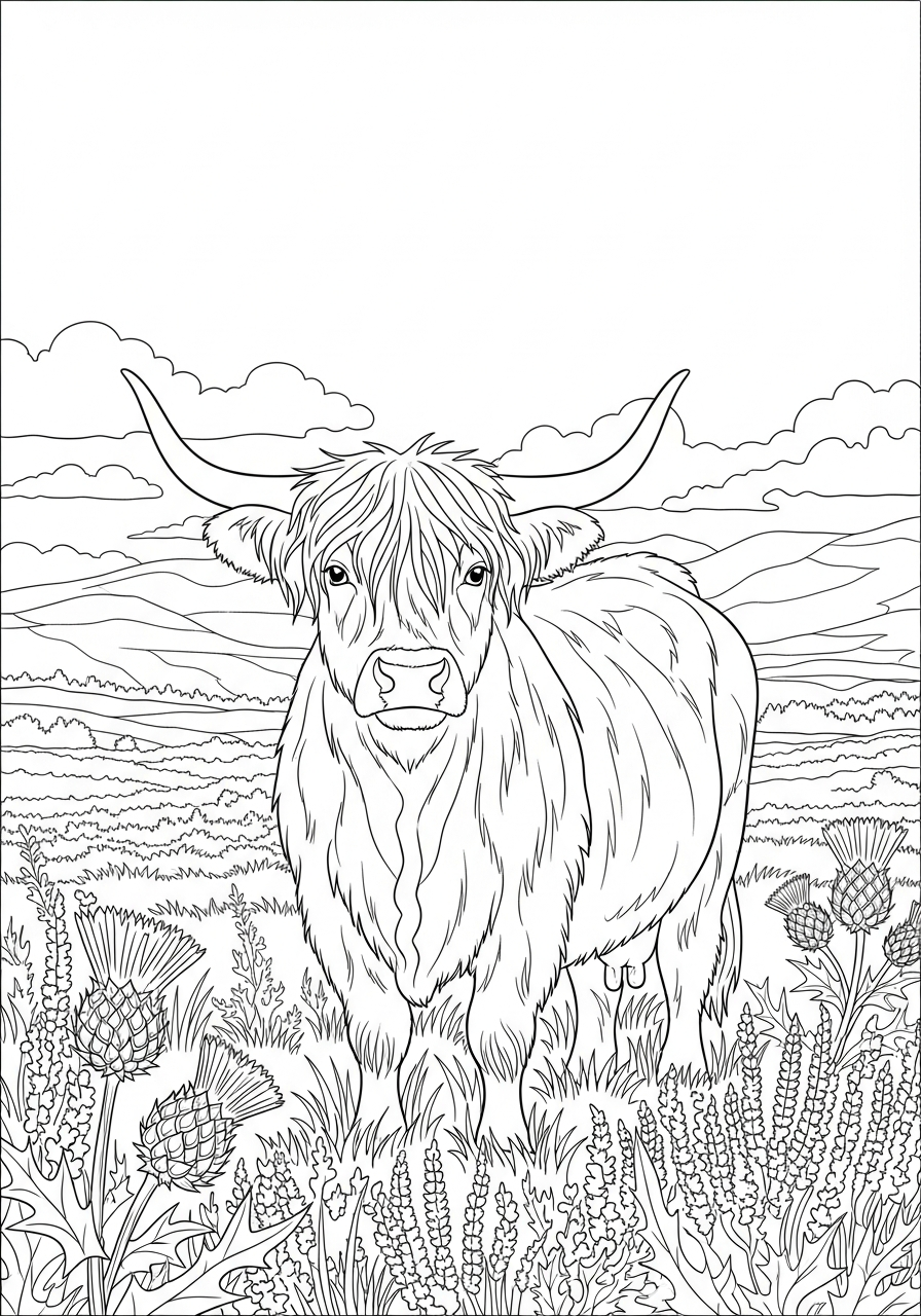 Highland Cow Coloring Pages 15 Highland cow standing in heather coloring page