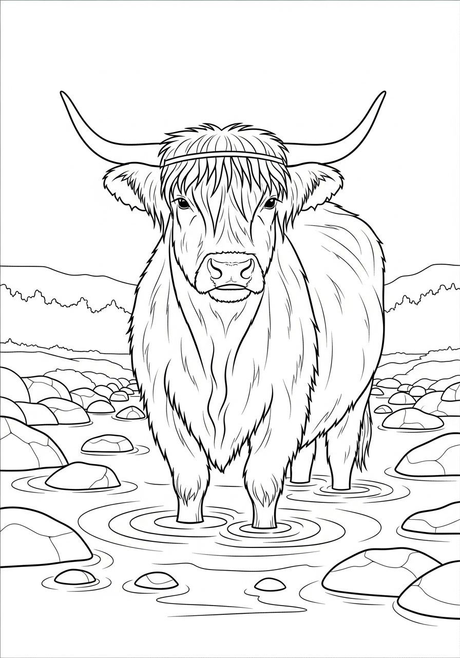Highland Cow Coloring Pages 16 Highland cow standing in river coloring page