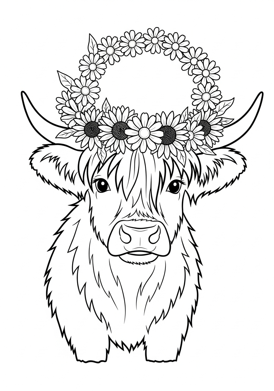 Highland Cow Coloring Pages 17 Highland cow wearing flower crown coloring page