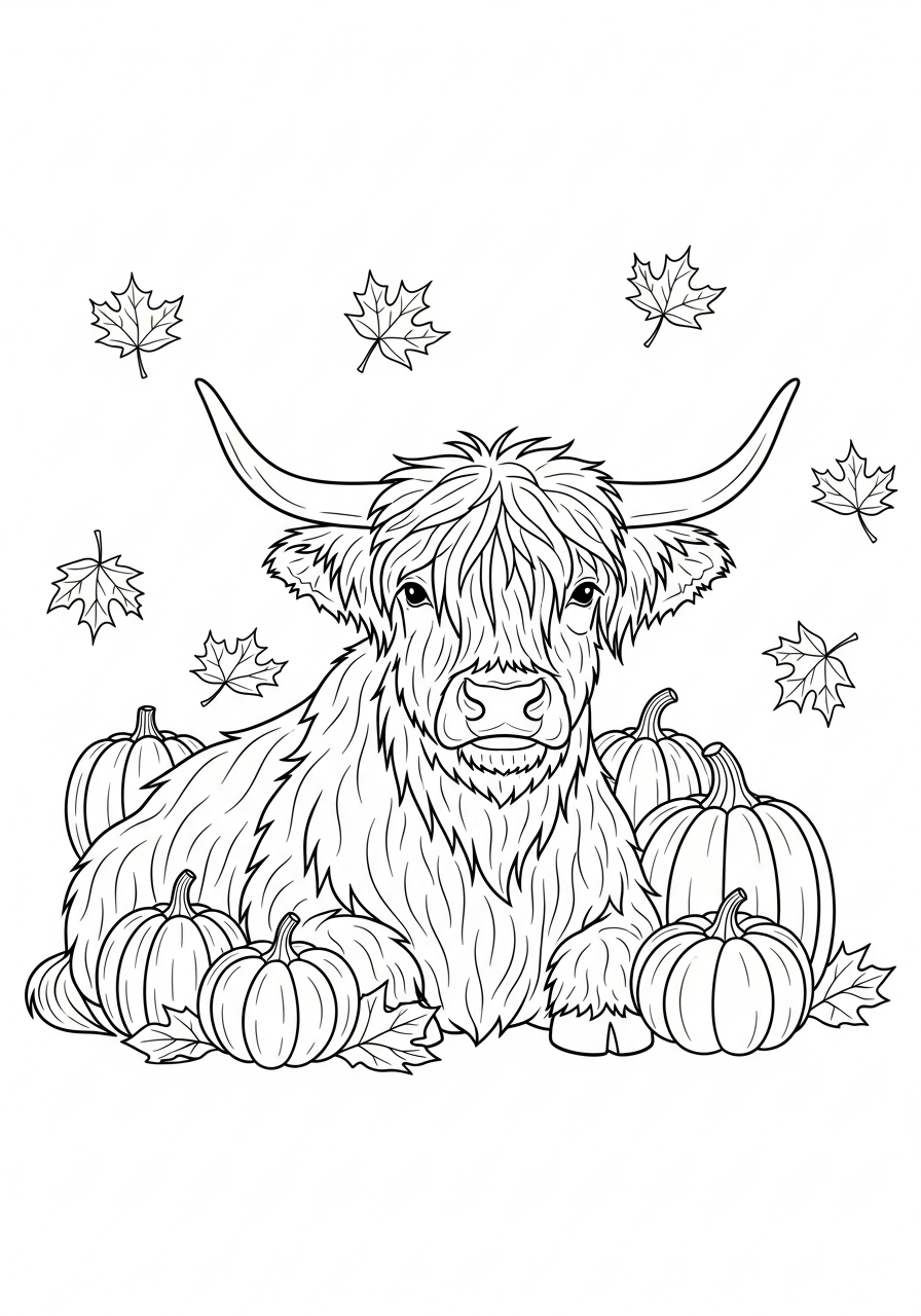 Highland Cow Coloring Pages 18 Highland cow with autumn pumpkins coloring page