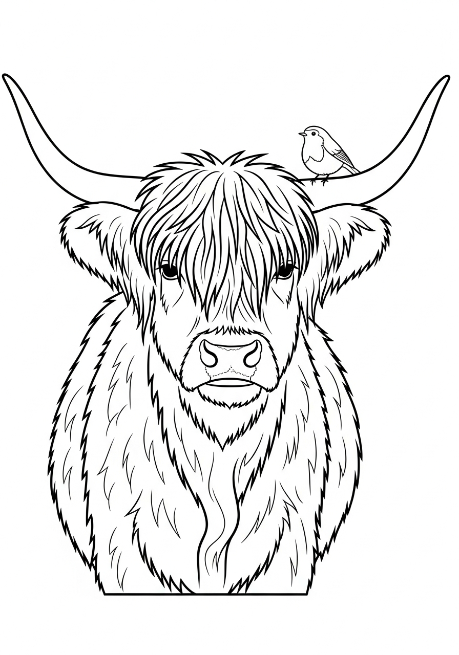 Highland Cow Coloring Pages 19 Highland cow with bird friend coloring page