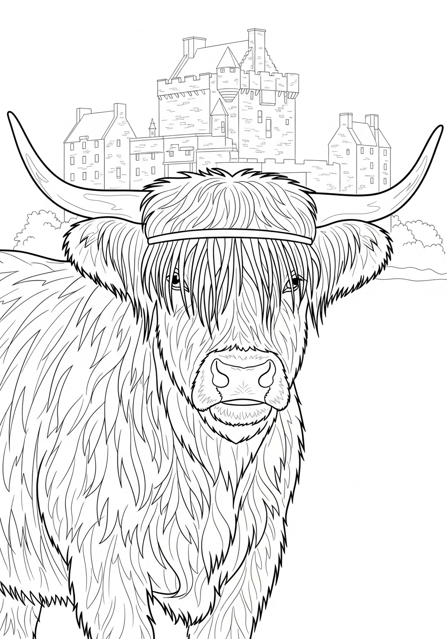 Highland Cow Coloring Pages 21 Highland cow with castle background coloring page